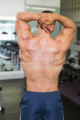 Rear view of bodybuilder posing in gym