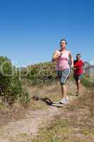 Active couple jogging on country terrain