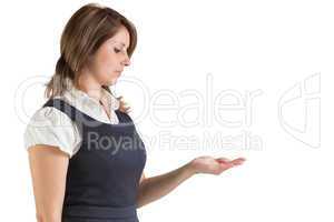 Businesswoman presenting your product with hand