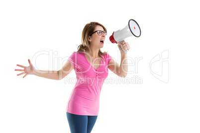 Young woman shouting into bullhorn