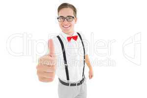 Geeky young hipster showing thumbs up