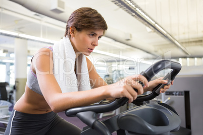 Fit focused brunette working out on the exercise bike