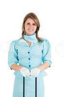 Beautiful stewardess dressed in blue uniform