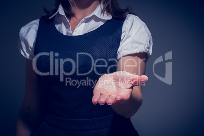 Businesswoman presenting your product with hand