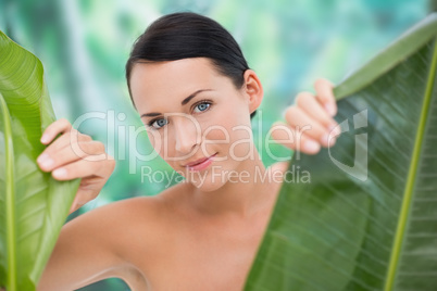 Beautiful nude brunette posing with green leaves