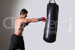 Shirtless muscular boxer with punching bag