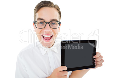 Geeky businessman showing his tablet pc