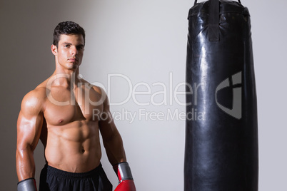 Portrait of a shirtless muscular boxer with punching bag