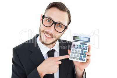 Geeky businessman pointing to calculator