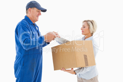 Happy delivery man with customer