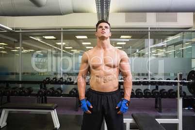 Serious shirtless muscular man in gym