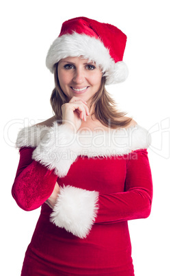 Portrait of pretty woman in santa costume smiling