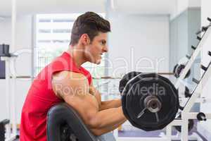 Muscular man lifting barbell in gym