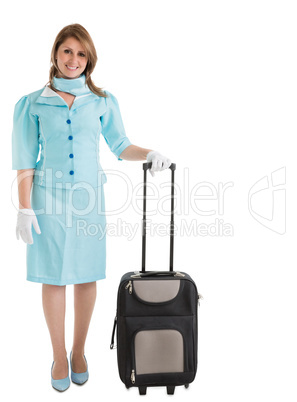 Portrait of stewardess in blue uniform with her bag