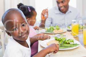 Family enjoying a healthy meal together with son smiling at came