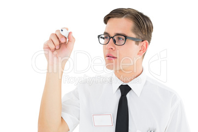 Geeky businessman writing with marker