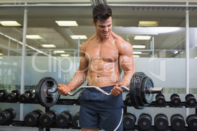 Shirtless muscular man lifting barbell in gym