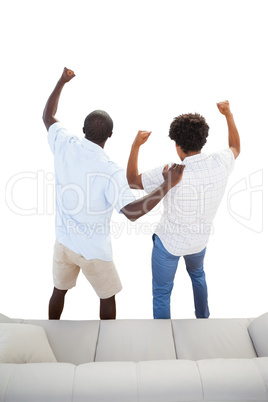 Happy sports fans cheering beside the couch