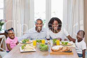 Happy family smiling at camera at lunch