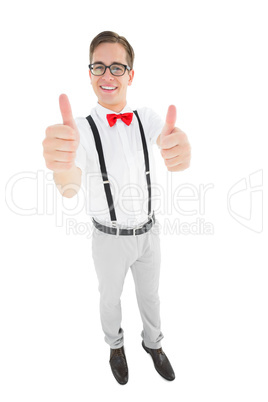 Geeky young hipster showing thumbs up