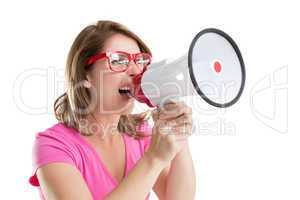 Close up of young woman shouting into bullhorn