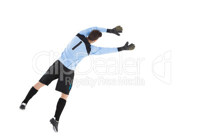 Goalkeeper in blue making a save