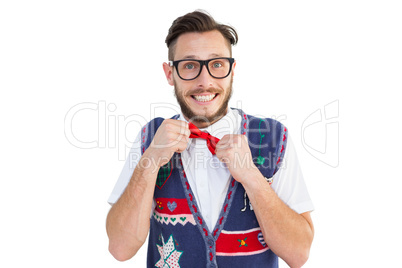 Geeky hipster wearing christmas vest