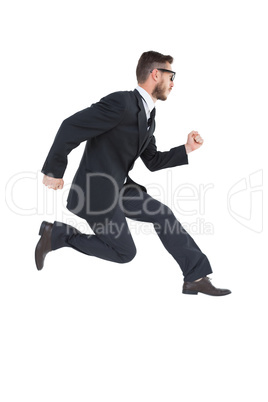 Geeky young businessman running mid air