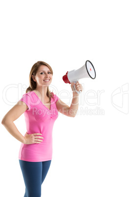 Smiling young woman holding bullhorn