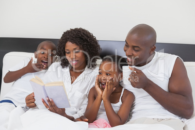 Family relaxing together in bed reading book