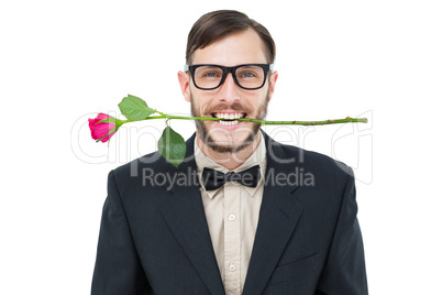 Geeky hipster holding rose between teeth