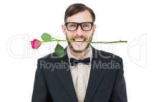 Geeky hipster holding rose between teeth