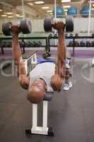 Muscular man exercising with dumbbells