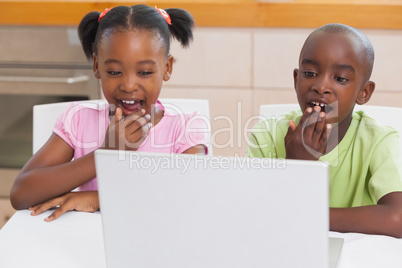 Suprised siblings looking at laptop