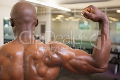 Muscular man flexing muscles in gym