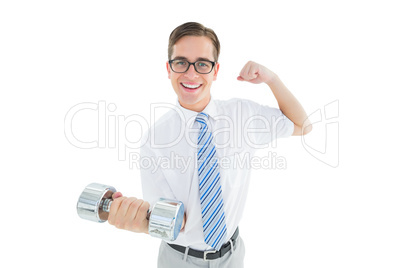 Geeky happy businessman lifting dumbbell