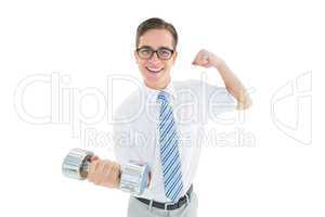 Geeky happy businessman lifting dumbbell