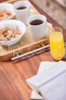 Breakfast on tray on coffee table