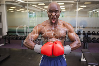 Muscular boxer flexing muscles in health club