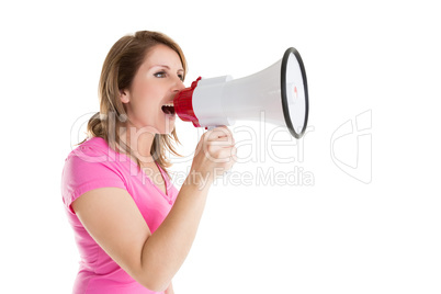 Side view of woman shouting into bullhorn