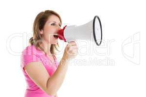 Side view of woman shouting into bullhorn