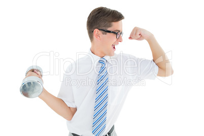 Geeky happy businessman lifting dumbbell