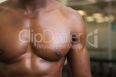 Mid section of a shirtless muscular man in gym