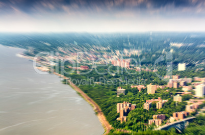 Zoomed and blurred aerial view of New York countryside