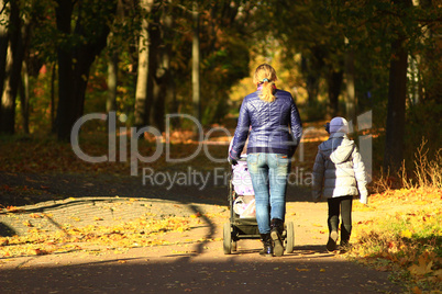 woman with perambulator and elder child in the park
