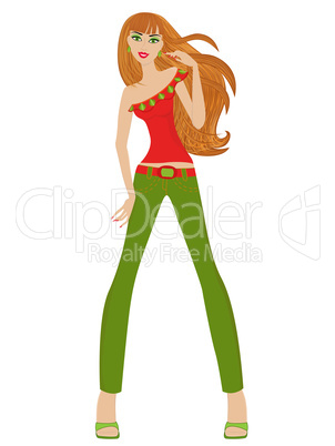 Fashionable redhead women in green pants