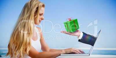 Composite image of pretty blonde using her laptop at the beach