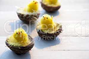 Four Chicks In Easter Baskets With Yellow Feathers