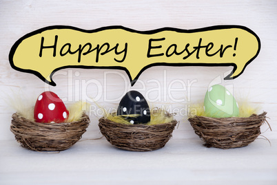 Three Colorful Easter Eggs With Comic Speech Balloon Happy Easter