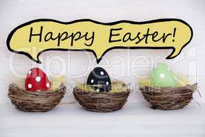 Three Colorful Easter Eggs With Comic Speech Balloon Happy Easter